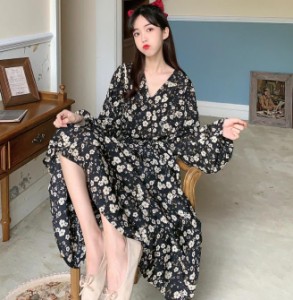 韓国 ファッション レディース ワンピース 花柄 ロング ミモレ丈 Vネック ハイウエスト カシュクール フレア 長袖 ゆったり レトロ 大人