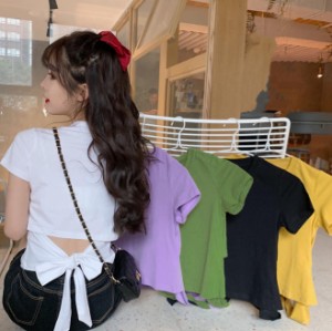 韓国 ファッション レディース 半袖 Tシャツ トップス リボン バックシャン 背中見せ セクシー スリム ガーリー カジュアル 夏
