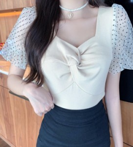 韓国 ファッション レディース ブラウス トップス ドット柄 シースルー 透け感 ツイスト 半袖 きれいめ 上品 大人可愛い 夏