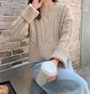 韓国 ファッション レディース ニット トップス ケーブル編み Vネック 長袖 ゆったり カジュアル シンプル 大人可愛い 秋冬