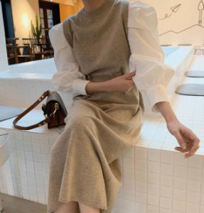 2色 ニットワンピース ロング ドッキング 長袖 きれいめ 大人可愛い レトロ 韓国 オルチャン ファッション
