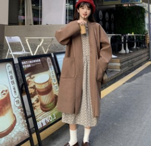 韓国 ファッション レディース ノーカラーコート ロングコート アウター ゆったり 無地 カジュアル 大人可愛い シンプル 秋冬