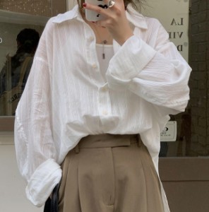シャツ ブラウス 白 長袖 韓国 ファッション レディース トップス シースルー 透け感 ストライプ ゆったり 大人可愛い カジュアル シンプ