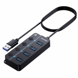 USBハブ 1M 3.0 スイッチ付き - QUUGE USB3.0 ハブ 4ポート 1M ロングケーブル 個別スイッチ 5Gbps高速転送 USB増設 USBポート DC3.5mm充