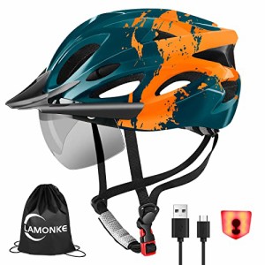 LAMONKE 自転車 ヘルメット 大人用 LEDライト 磁気ゴーグル サンバイザー付き 18通気ホール 高通気性 サイクリングヘルメット ロードバイ