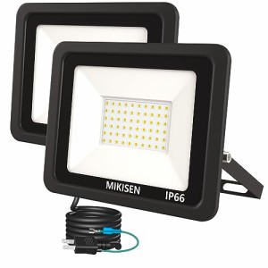 MIKISEN led 投光器 作業灯 看板灯 50w 電球色 6000LM 3000K 600w相当 1.8コード IP66防水 アース端子付2Pプラグ 120°広角 100V対応 ワ