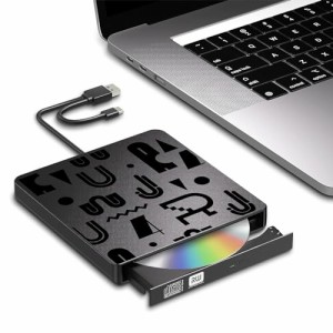 cd dvdドライブ 外付け,DVDレコ,CD/DVD-Rプレイヤー,USB3.0&USB-C両用ケーブル Window/Linux/Mac OS対応 - ブラック