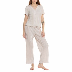 (取寄) ダンスキン プリッセ サテン パジャマ - ショート スリーブ Danskin Plisse Satin Pajamas - Short Sleeve  Sandshell