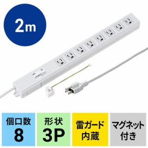 ノイズフィルター付き 電源タップ 抜け止め 3P コンセント 8個口 2m 固定用マグネット 雷ガード [TAP-3811NFN]