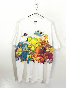 古着 90s USA製 カラフル 熱帯魚 おさかな 両面 アート Tシャツ L 古着