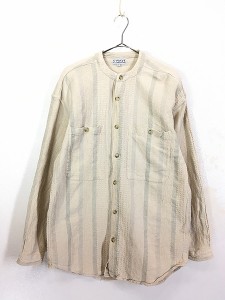 古着 90s GLOBAL CASUAL 凸凹 ジャガード デザイン ポケット ノーカラー シャツ L 古着