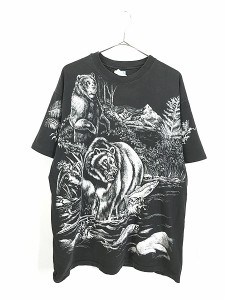 古着 90s USA製 熊 クマ モノクロ アニマル アート オールオーバー Tシャツ XL 古着