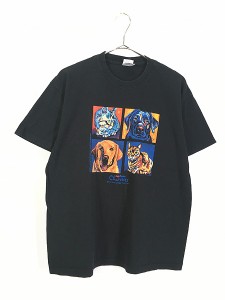 古着 00s PET SMART 犬 猫 油絵 アニマル アート Tシャツ M 古着