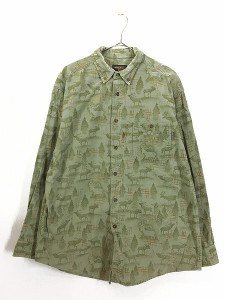 古着 WoolRich シカ 森 風景 総柄 フランネル シャツ ネルシャツ L 古着