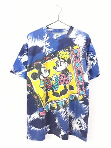 古着 90s USA製 Disney ミッキー ＆ ミニー アロハ イラスト 総プリント Tシャツ L 古着