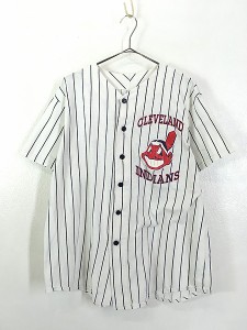 古着 90s USA製 MLB Cleveland Indians ストライプ ベースボール シャツ XL 古着