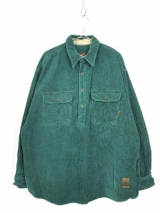 古着 90s Timberland 太畝 肉厚 コーデュロイ プルオーバー シャツ 青緑 L 古着