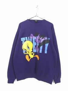 古着 90s USA製 LOONEY TUNES トゥイーティー シルベスター 追いかけっこ スウェット トレーナー L 古着