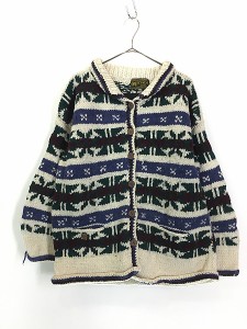 古着 90s エクアドル製 Rey Wear ネイティブ ボーダー ヘビー ウール ハンド ニット カーディガン XL位