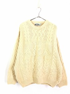 古着 90s Ireland製 Aran Crafts 変則編み アラン フィッシャーマン ウール ニット セーター アイボリー L