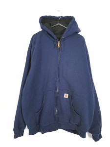 古着 90s Carhartt 裏地 サーマル ワンポイント 刺しゅう スウェット ジップ パーカー 紺 XXL 古着