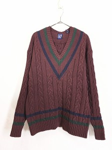 古着 90s GAP ケーブル編 Vネック チルデン コットン ニット セーター XL 古着