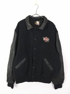 古着 90s USA製 「Wicked」 パイル パッチ 本革 レザー × メルトン ジャケット スタジャン 黒 XL 古着