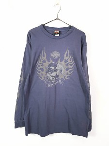 古着 00s USA製 HARLEY DAVIDSON ハーレー スカル ファイヤー パターン 長袖 Tシャツ ロンT L 古着