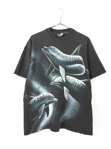 古着 90s USA製 イルカ オールオーバー Tシャツ 黒!! L 古着