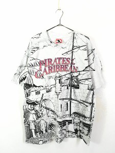 古着 90s Disney Pirates of the Caribbean パイレーツ 豪華 オールオーバー Tシャツ XL位 古着