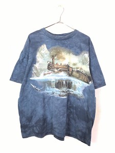 古着 90s USA製 THE MOUNTAIN 蒸気機関車 SL グラフィック タイダイ Tシャツ XL 古着