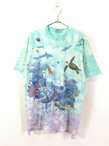 古着 90s USA製 LIQUID BLUE 深海 熱帯魚 おさかな タイダイ Tシャツ L 古着