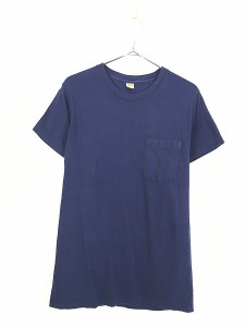 古着 70s USA製 Hanes 無地 ソリッド ポケット付 Tシャツ ポケT 紺 M 古着