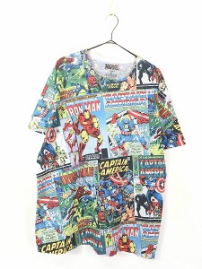 古着 MARVEL ヒーローズ マルチ コミック パターン オールオーバー アメコミ Tシャツ XL 古着