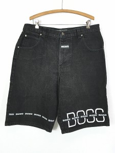 古着 90s USA製 BOSS ロゴ テープ ブラック デニム ショーツ ショート パンツ ロング丈 W37 古着
