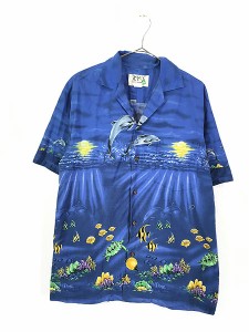 古着 90s Hawaii製 イルカ 亀 魚 夜空 海中 アート 開襟 アロハ ハワイアン シャツ M 古着