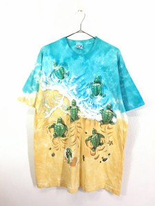 古着 90s USA製 Liquid Blue 亀 ウミガメ オールオーバー タイダイ Tシャツ XL 古着