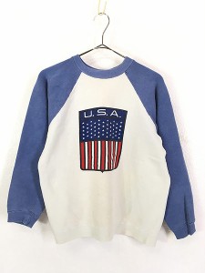 レディース 古着 70s 「U.S.A」 エンブレム 星条旗 染み込み バイカラー スウェット トレーナー M位 古着