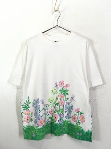 レディース 古着 90s USA製 トンボ フラワー 野花 イラスト アート 両面 Tシャツ L/XL 古着