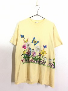 レディース 古着 90s カラフル 蝶々 花 野ばら イラスト デザイン プリント Tシャツ L 古着