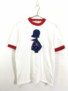 レディース 古着 80s 女の子 シルエット 貼り絵風 デザイン リンガー Tシャツ L 古着