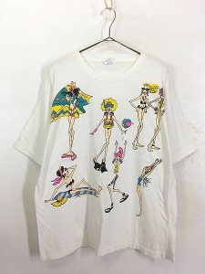 レディース 古着 ビキニ ガール ビーチ イラスト プリント デザイン 100％コットン Tシャツ XL 古着