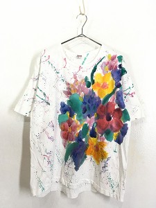 レディース 古着 90s USA製 カラフル 花 モチーフ ドロッピング ハンド ペイント Tシャツ XL 古着