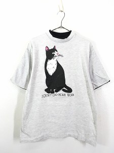 レディース 古着 90s 猫 ねこちゃん アニマル BIG プリント 重ね着風 襟 デザイン Tシャツ L 古着