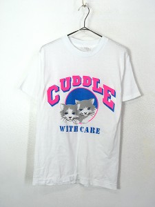 レディース 古着 80s CUDDLE WITH CARE ねこ 動物 美容院 ネオンカラー 3段 プリント Tシャツ M 古着