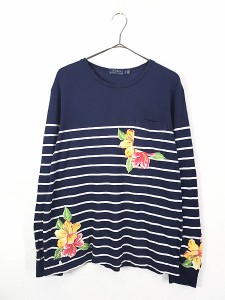 レディース 古着 POLO Ralph Lauren ハイビスカス ボーダー ポケット ロング Tシャツ ロンT L 古着