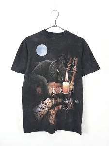 レディース 古着 10s USA製 THE MOUNTAIN キャット 満月 ロウソク タイダイ Tシャツ M 古着