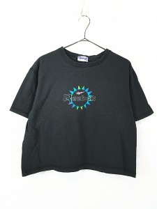 レディース 古着 90s USA製 Reebok ロゴ グラフィック 両面 ショート丈 Tシャツ 黒 M 古着