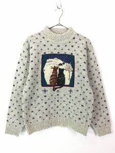 レディース 古着 80s WoolRich 猫 アニマル 窓際 雪景色 ハイネック ウール ニット セーター M 古着