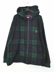 古着 90s TOMMY HILFIGER ロゴ 刺しゅう ブラックウォッチ チェック フリース ジャケット パーカー L 古着